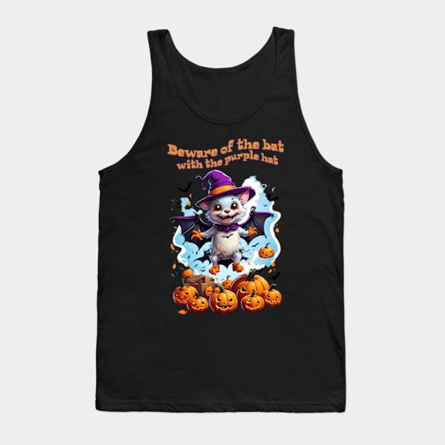 Funny Halloween bat lands on a pumpkin patch Tank Top by BrisaArtPrints